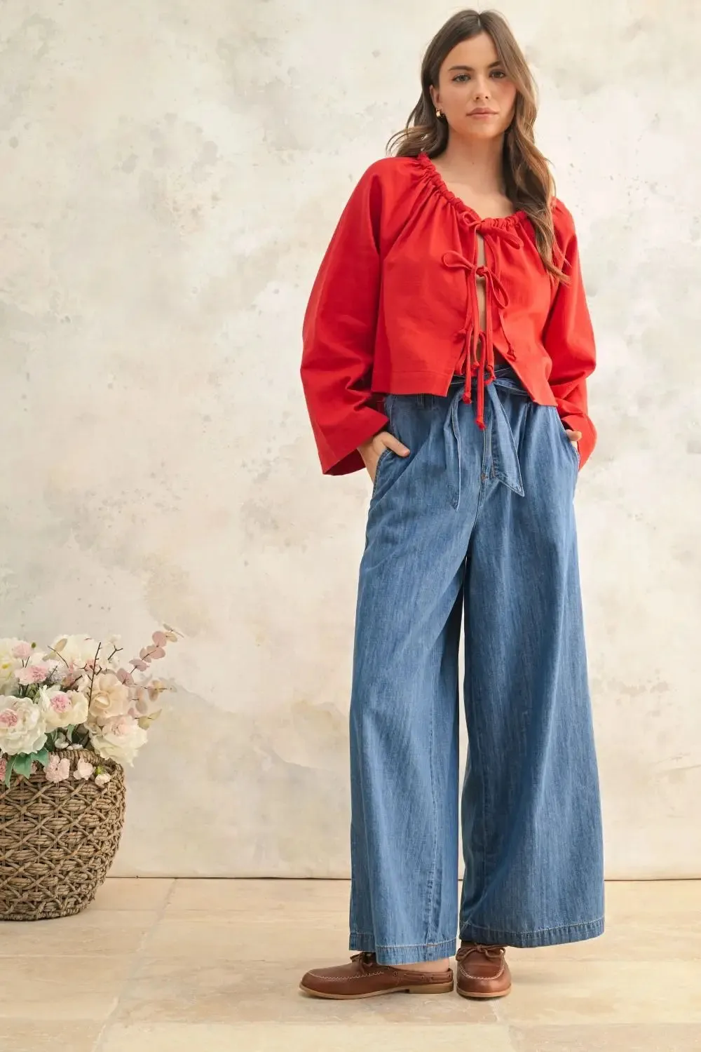 PAPERBAG WAIST CHAMBRAY DENIM TROUSERS