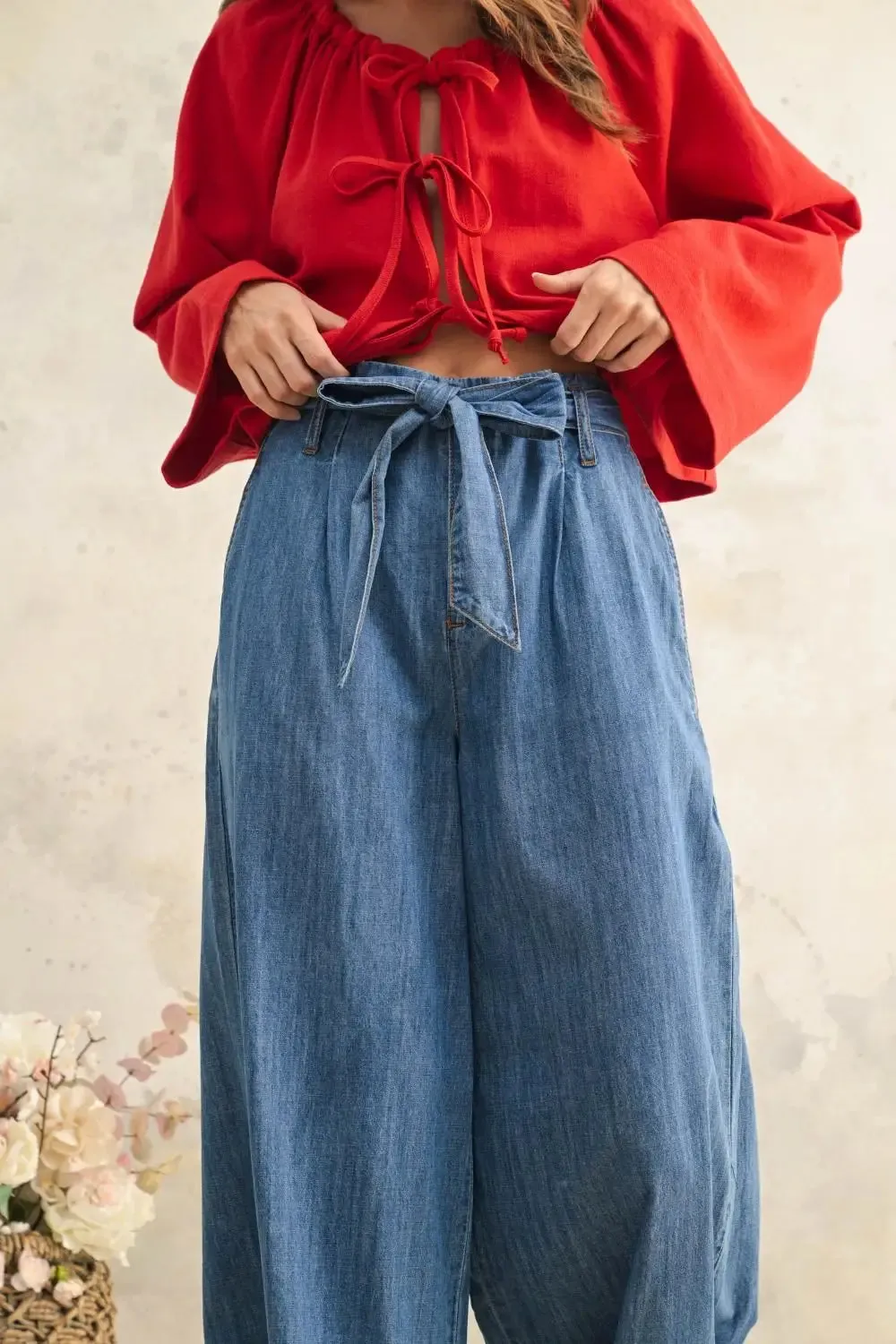 PAPERBAG WAIST CHAMBRAY DENIM TROUSERS