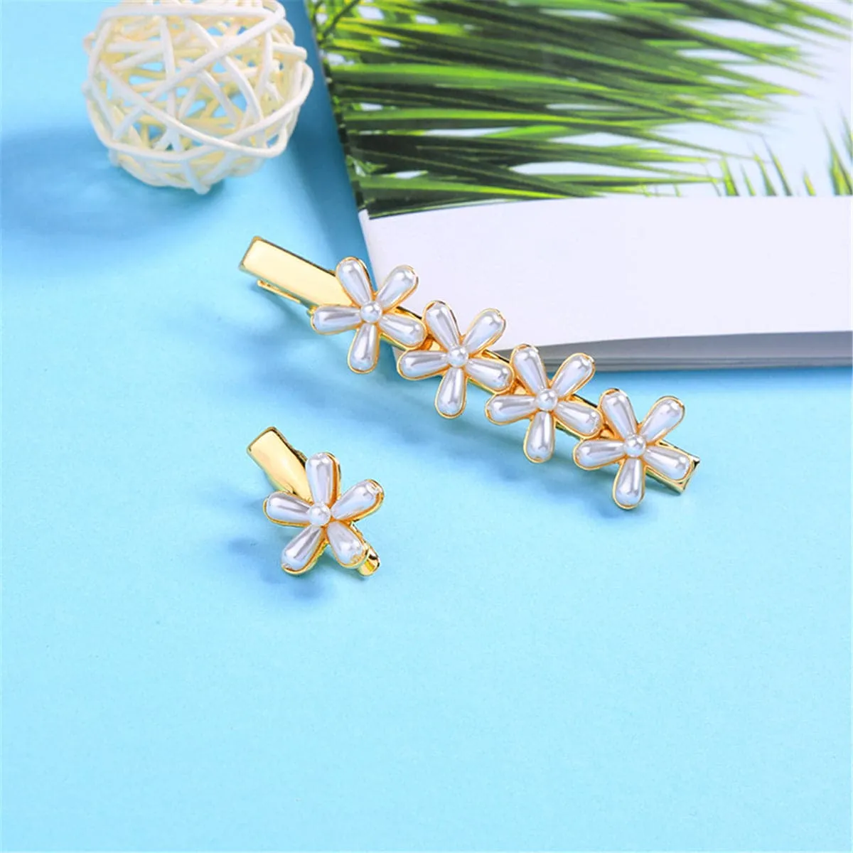 Pearl & 18K Gold-Plated Flower Hair Clip Set