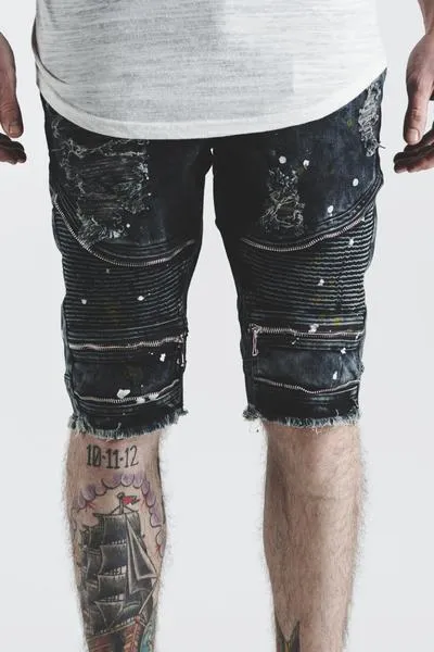 Pete Biker Denim Shorts (Black Paint)