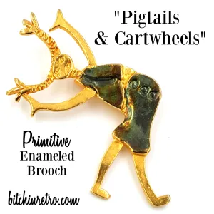 Pigtails and Cartwheels Primitive Enameled Brooch With Modernist Design