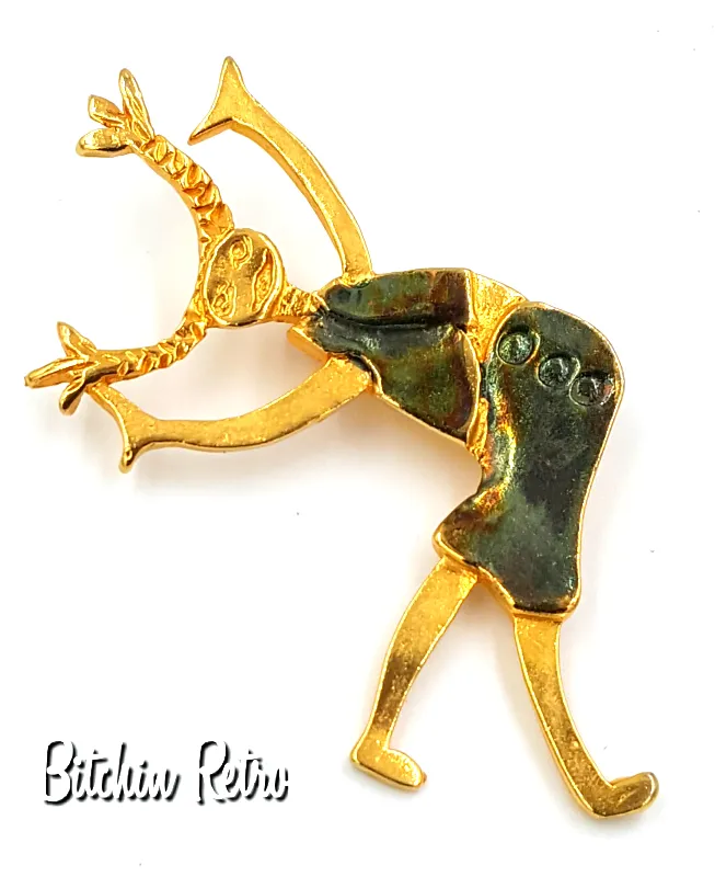 Pigtails and Cartwheels Primitive Enameled Brooch With Modernist Design
