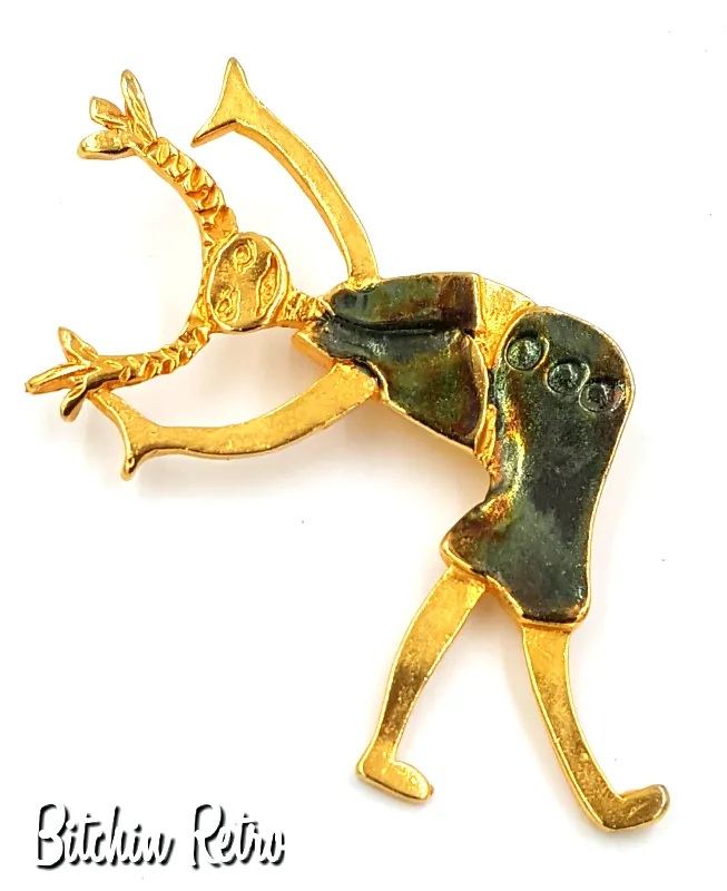 Pigtails and Cartwheels Primitive Enameled Brooch With Modernist Design