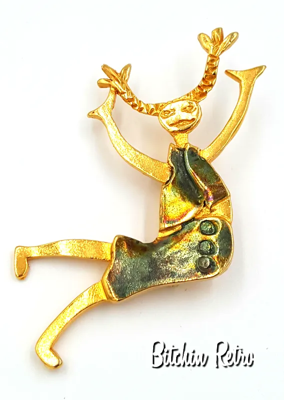 Pigtails and Cartwheels Primitive Enameled Brooch With Modernist Design