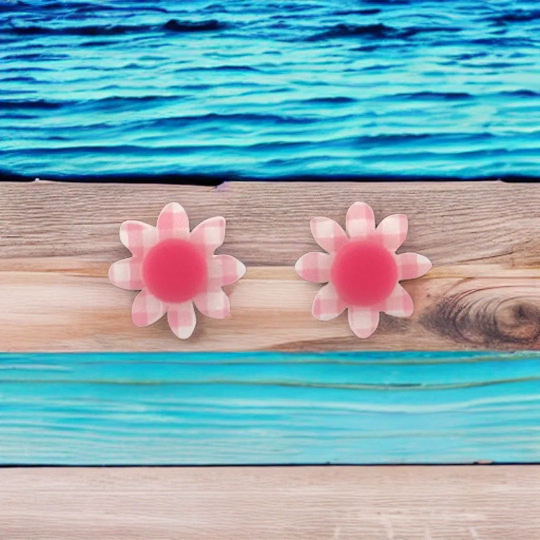 Pink gingham flower 🌸 - stud - Set of 2
