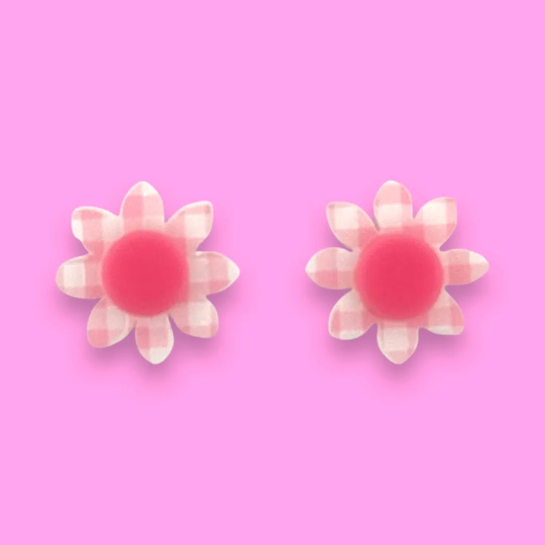 Pink gingham flower 🌸 - stud - Set of 2