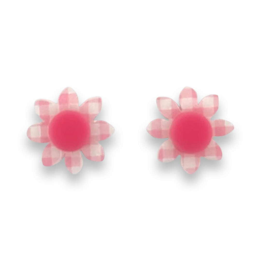 Pink gingham flower 🌸 - stud - Set of 2