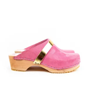 Pink Leather & Wood Handmade Clogs