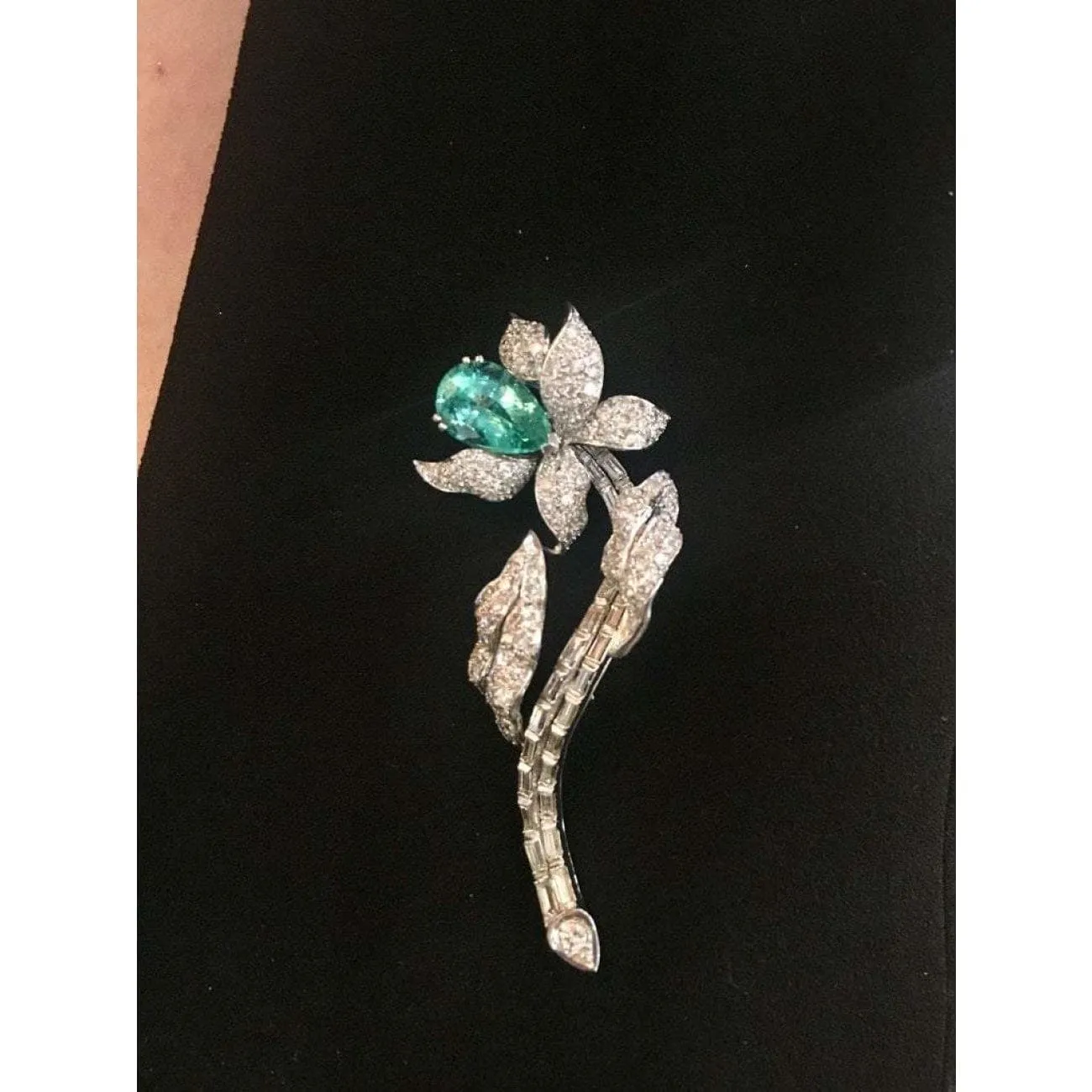 Platinum Beryl and Diamond Flower Brooch