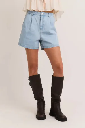 PLEATED HIGH WAISTED DENIM SHORTS