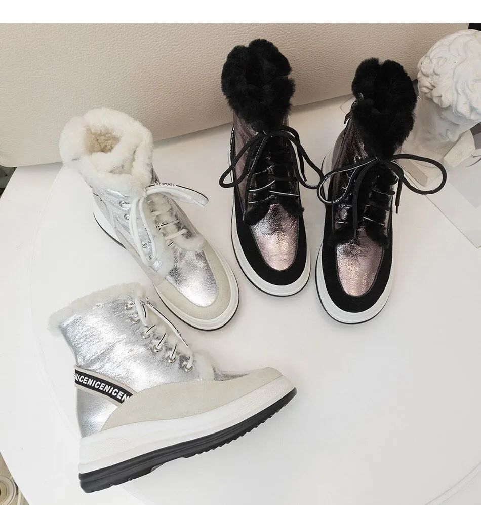 Plus Size 34-43 Lace Up Boots Women Shoes Winter Genuine Leather Boots Women Military Casual Martin Boots Women Wool Snow Boots