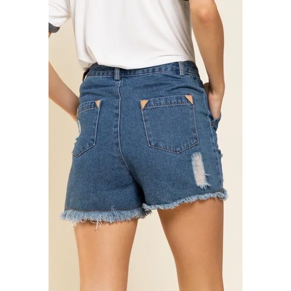 POL Dark Wash Distressed Fringe Hem Denim Shorts