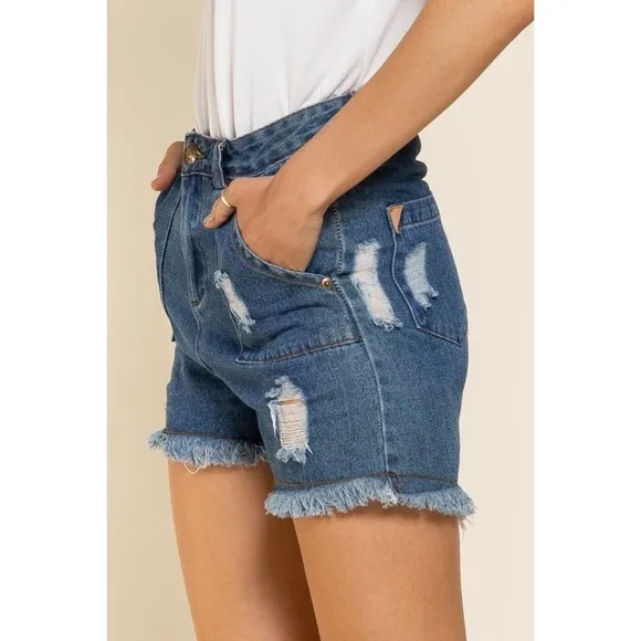 POL Dark Wash Distressed Fringe Hem Denim Shorts