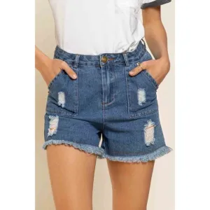 POL Dark Wash Distressed Fringe Hem Denim Shorts