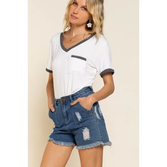 POL Dark Wash Distressed Fringe Hem Denim Shorts