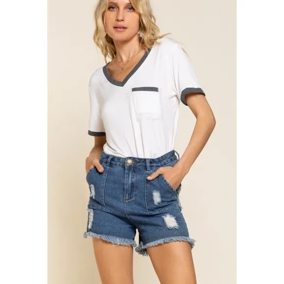 POL Dark Wash Distressed Fringe Hem Denim Shorts