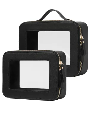 Popvibe Clear Makeup Case Set Black Toiletry Bag Travel Large Clear Cosmetic Bag with Zipper, Big Make Up Bag Organizer Women Traveling TSA Approved Transparent Bag Car for Essentials