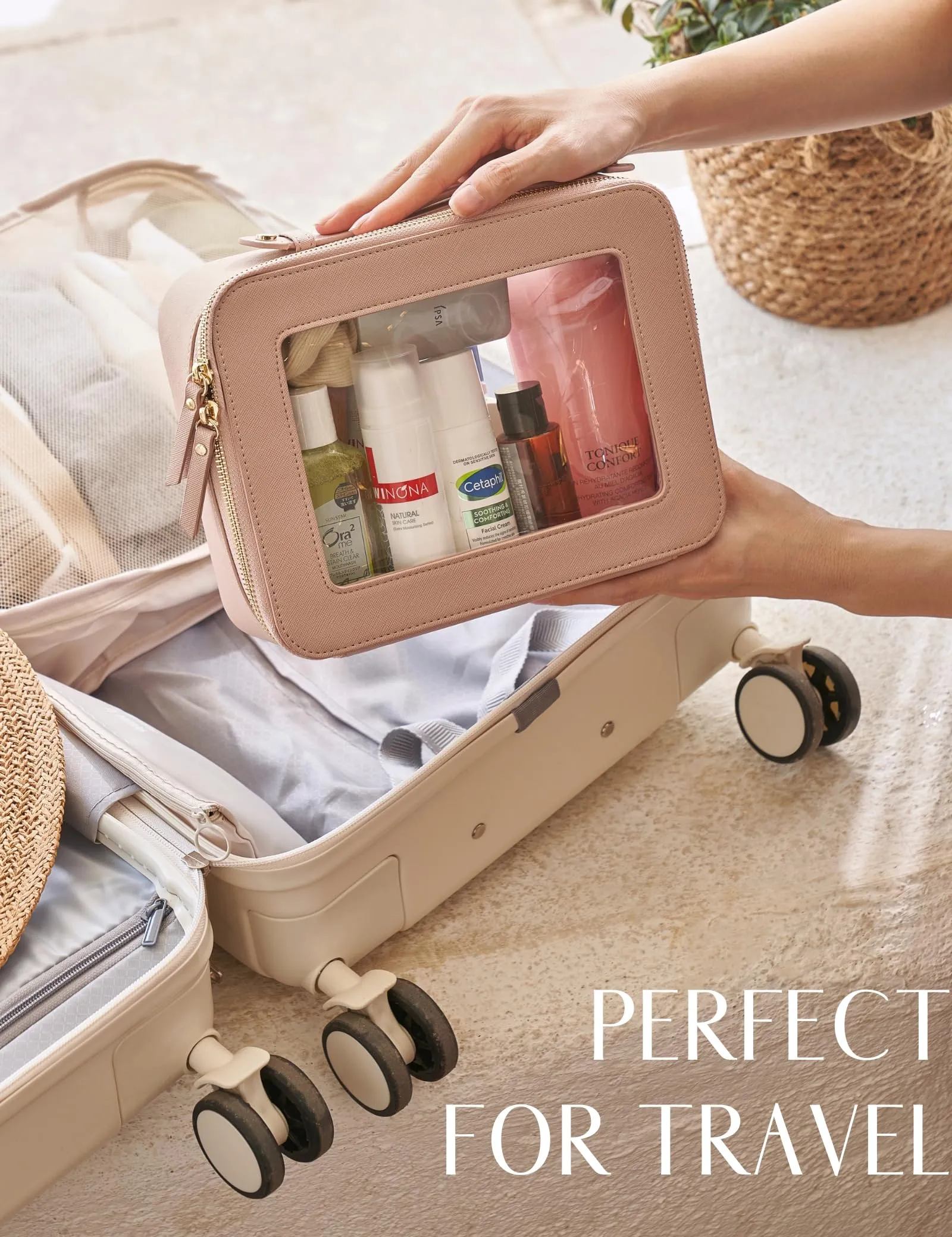 Popvibe Clear Makeup Case Set Pink Toiletry Bag Travel Large Clear Cosmetic Bag with Zipper, Big Make Up Bag Organizer Women Traveling TSA Approved Transparent Bag Car for Essentials