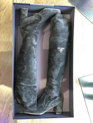 PRADA Black Suede thigh high chunky heel boots - back zip