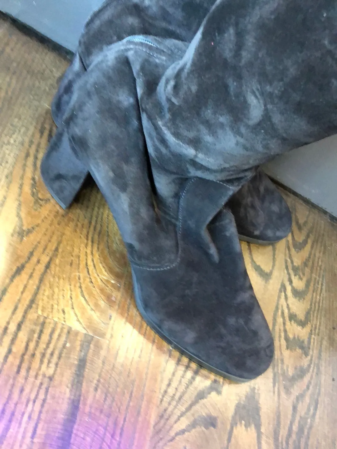 PRADA Black Suede thigh high chunky heel boots - back zip