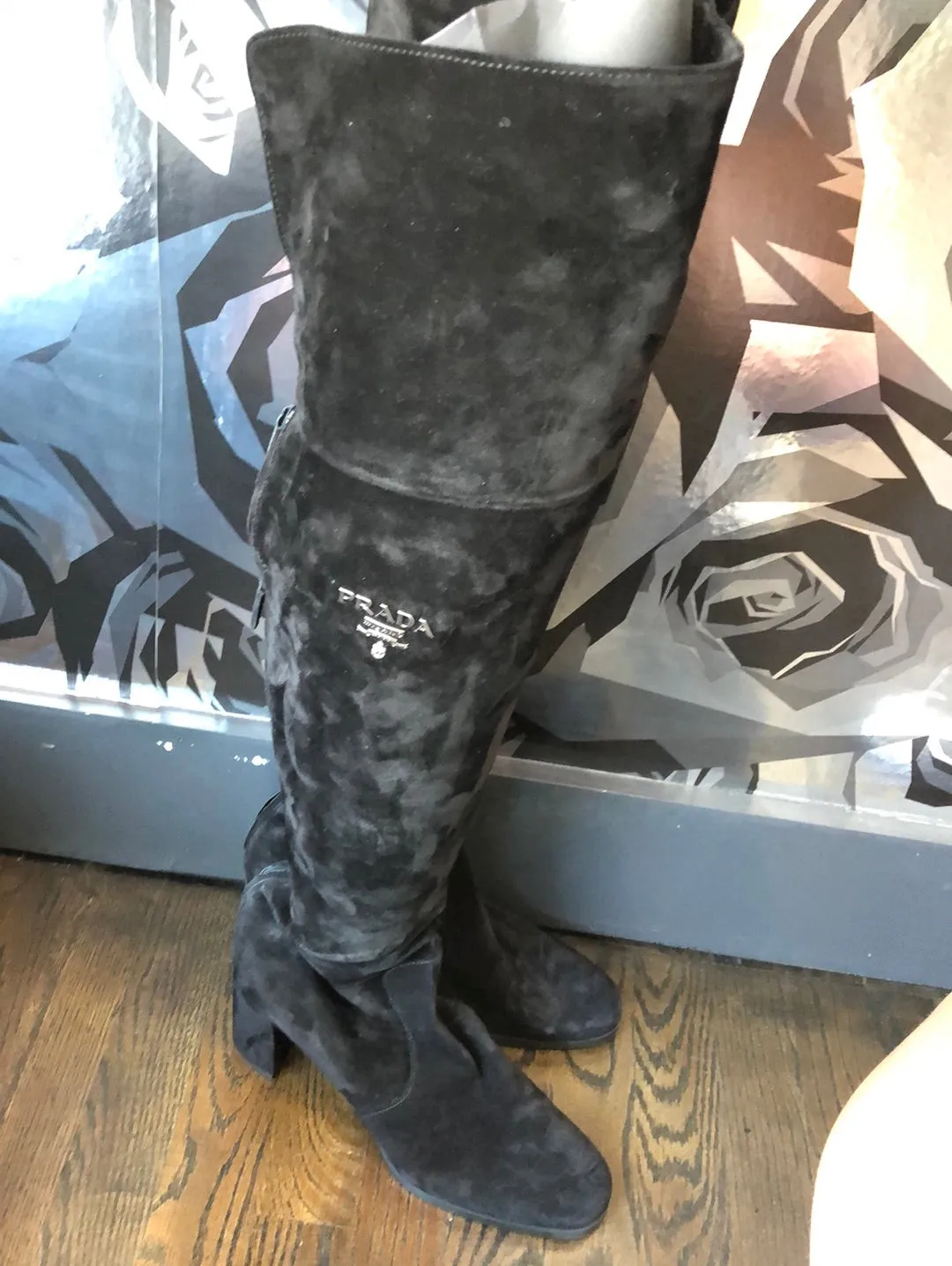 PRADA Black Suede thigh high chunky heel boots - back zip