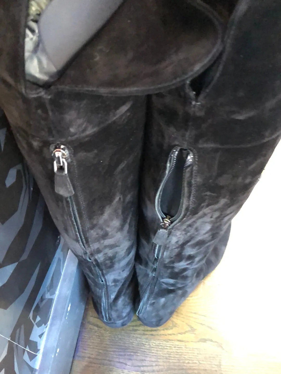 PRADA Black Suede thigh high chunky heel boots - back zip