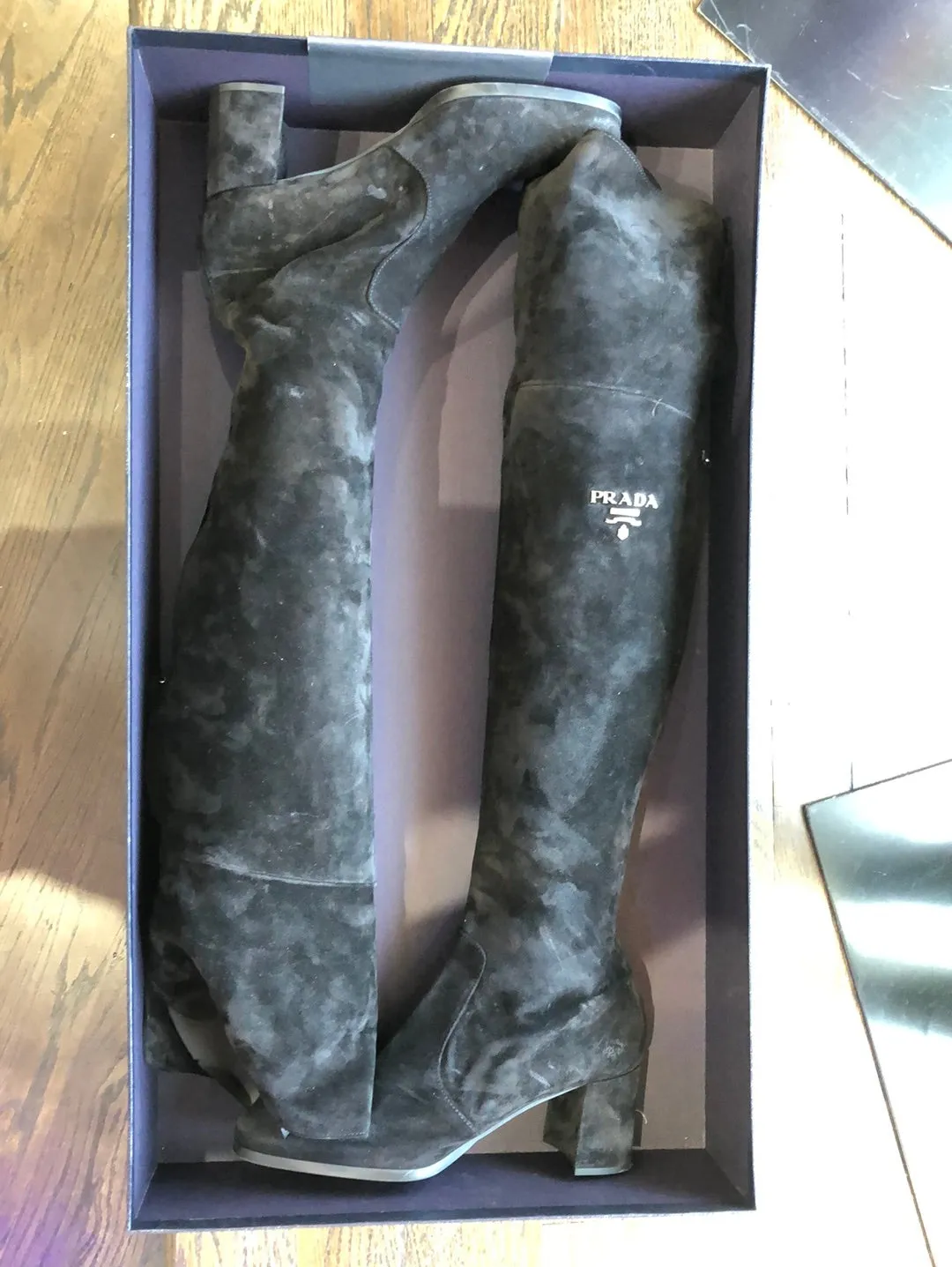 PRADA Black Suede thigh high chunky heel boots - back zip