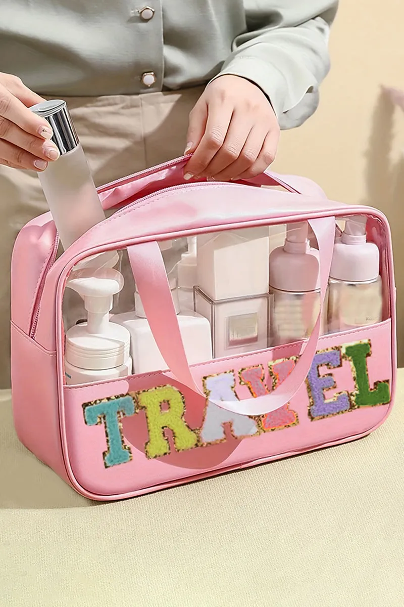 PREORDER! ETA 3/21 Chenille 'Travel' Light Pink and Clear Makeup Bag **SHIPPING EXPECTED TO BEGIN ON DATE 3/21**