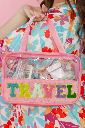 PREORDER! ETA 3/21 Chenille 'Travel' Light Pink and Clear Makeup Bag **SHIPPING EXPECTED TO BEGIN ON DATE 3/21**