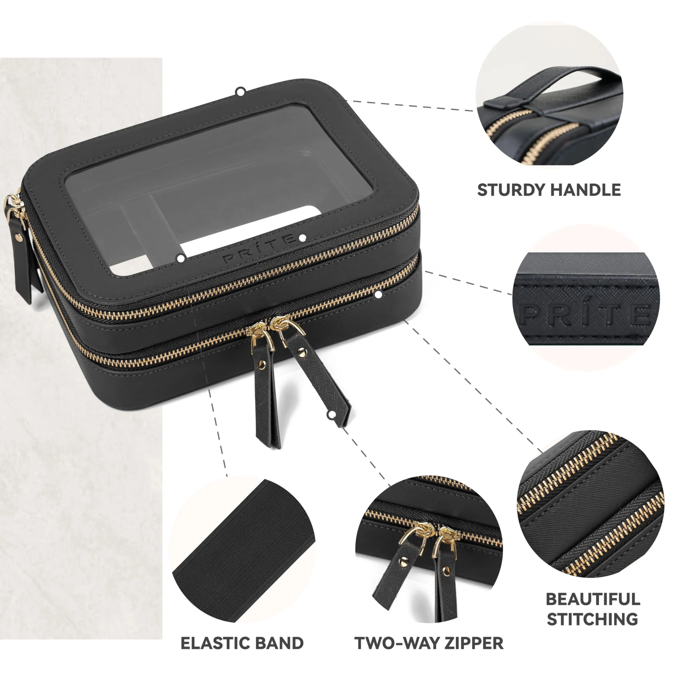Prite Clear Makeup Bags Double Layer Cosmetic Bags with a Separate Brush Compartment Travel Makeup Bag for Women Travel Accessories Organizer for Purse(Black)
