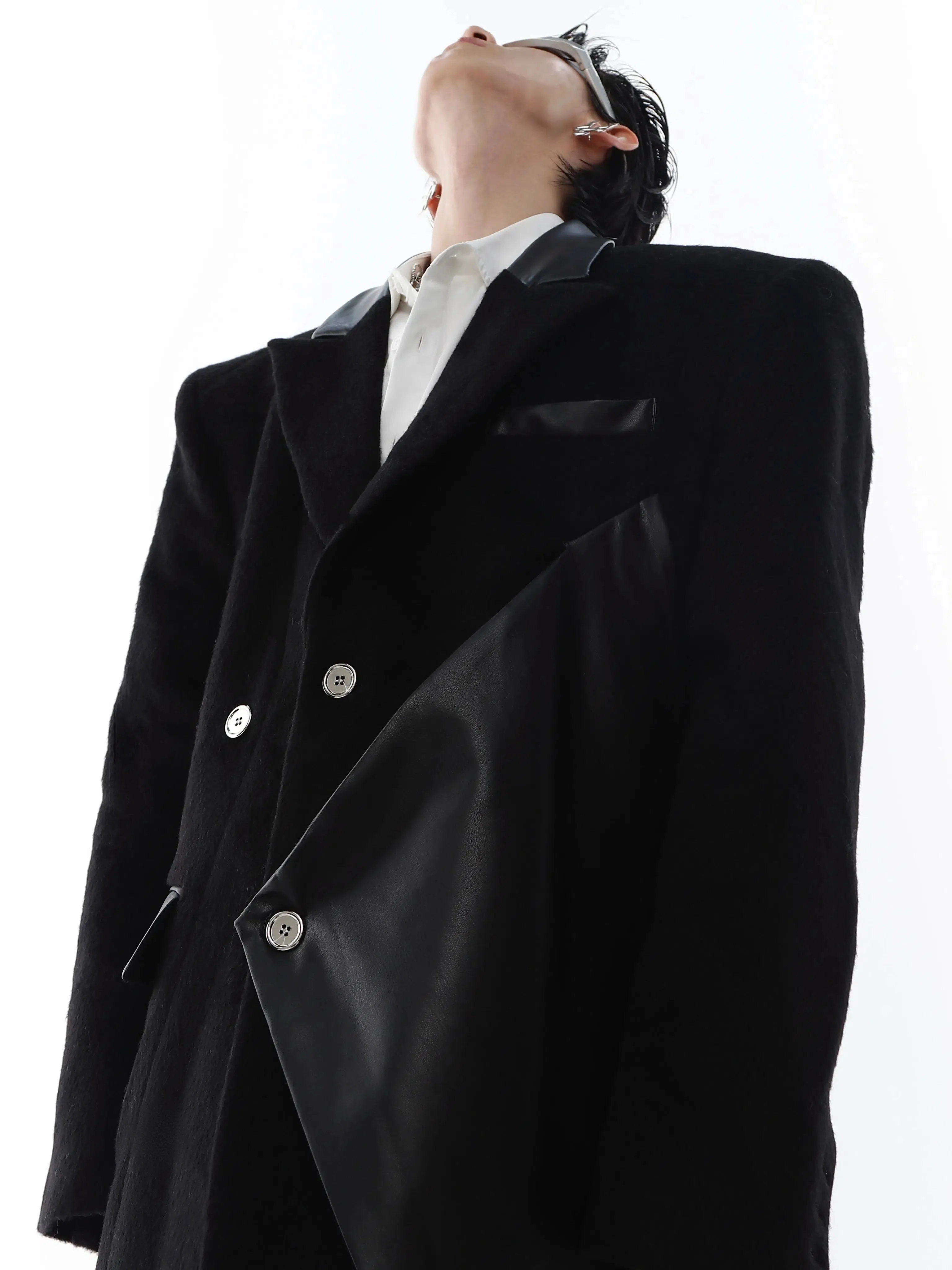 PU Leather Patchwork Wool Windbreaker