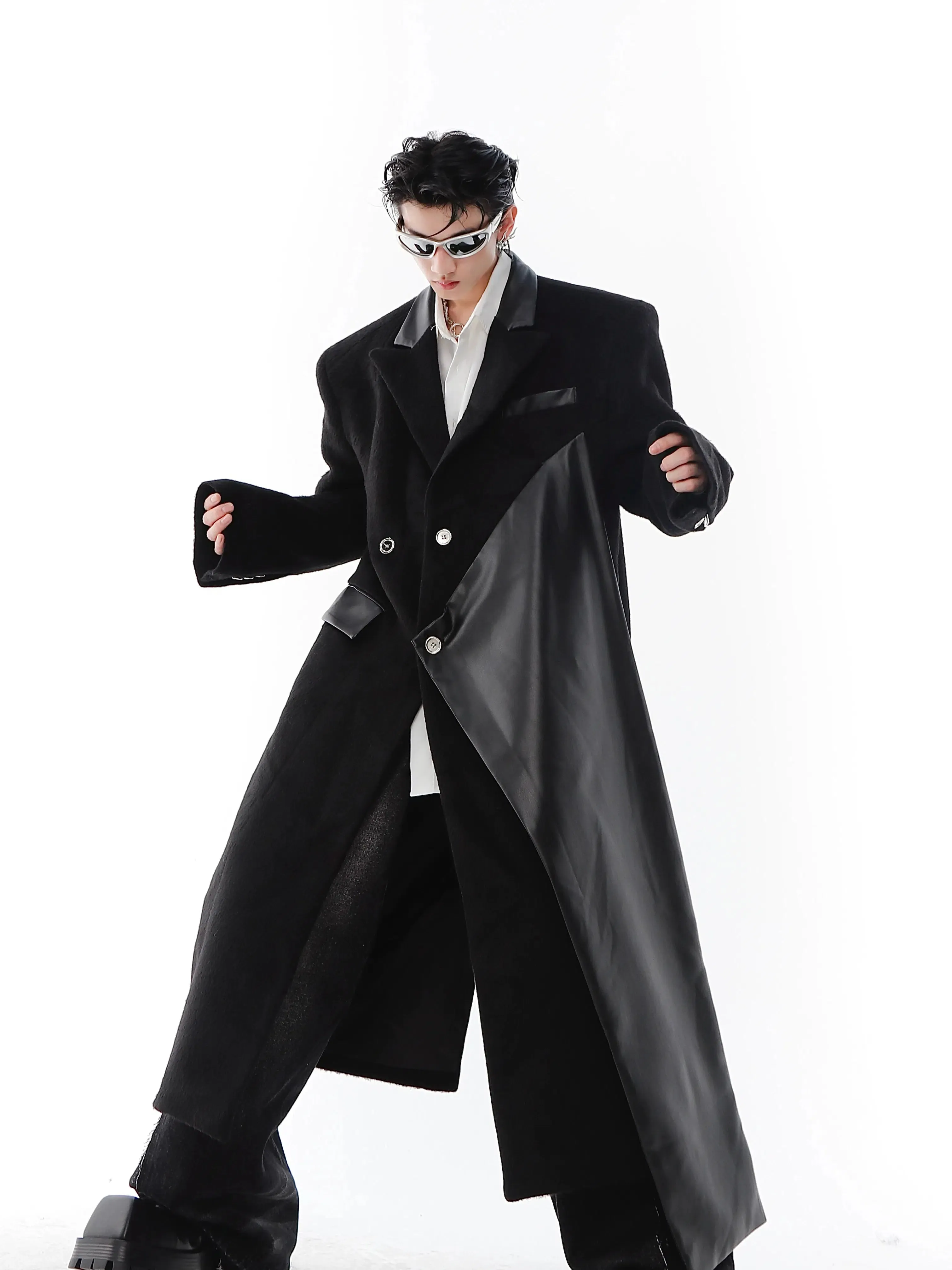 PU Leather Patchwork Wool Windbreaker