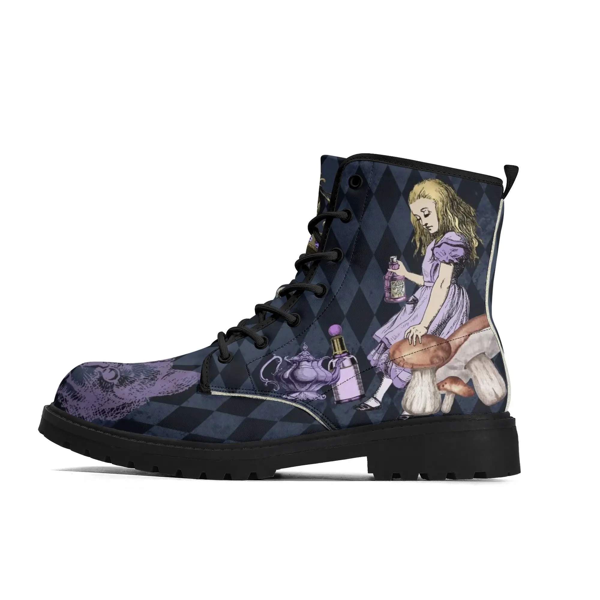 Purple Alice in Wonderland - Playing Cards Attack - Womens Vegan Boots