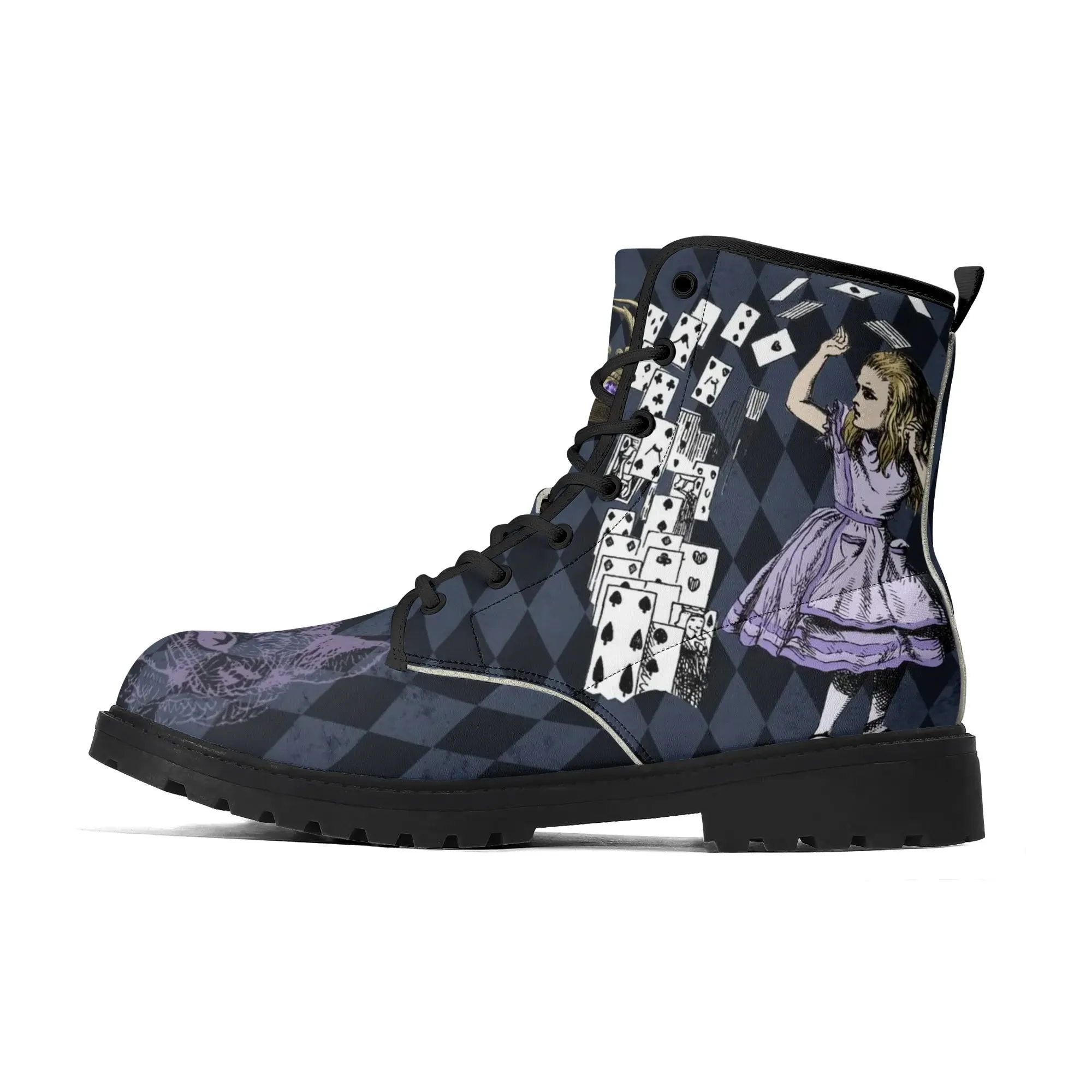 Purple Alice in Wonderland - Playing Cards Attack - Womens Vegan Boots