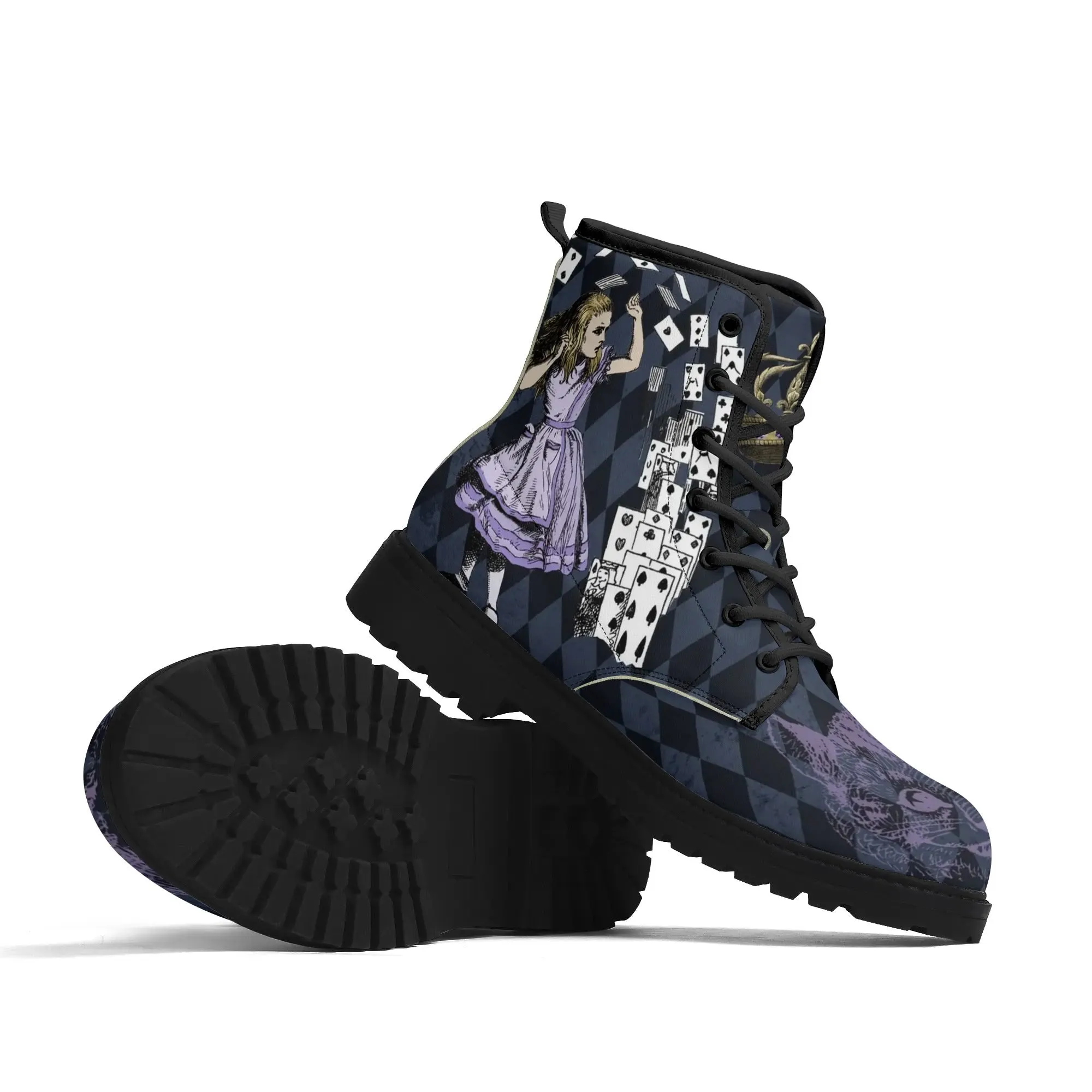 Purple Alice in Wonderland - Playing Cards Attack - Womens Vegan Boots