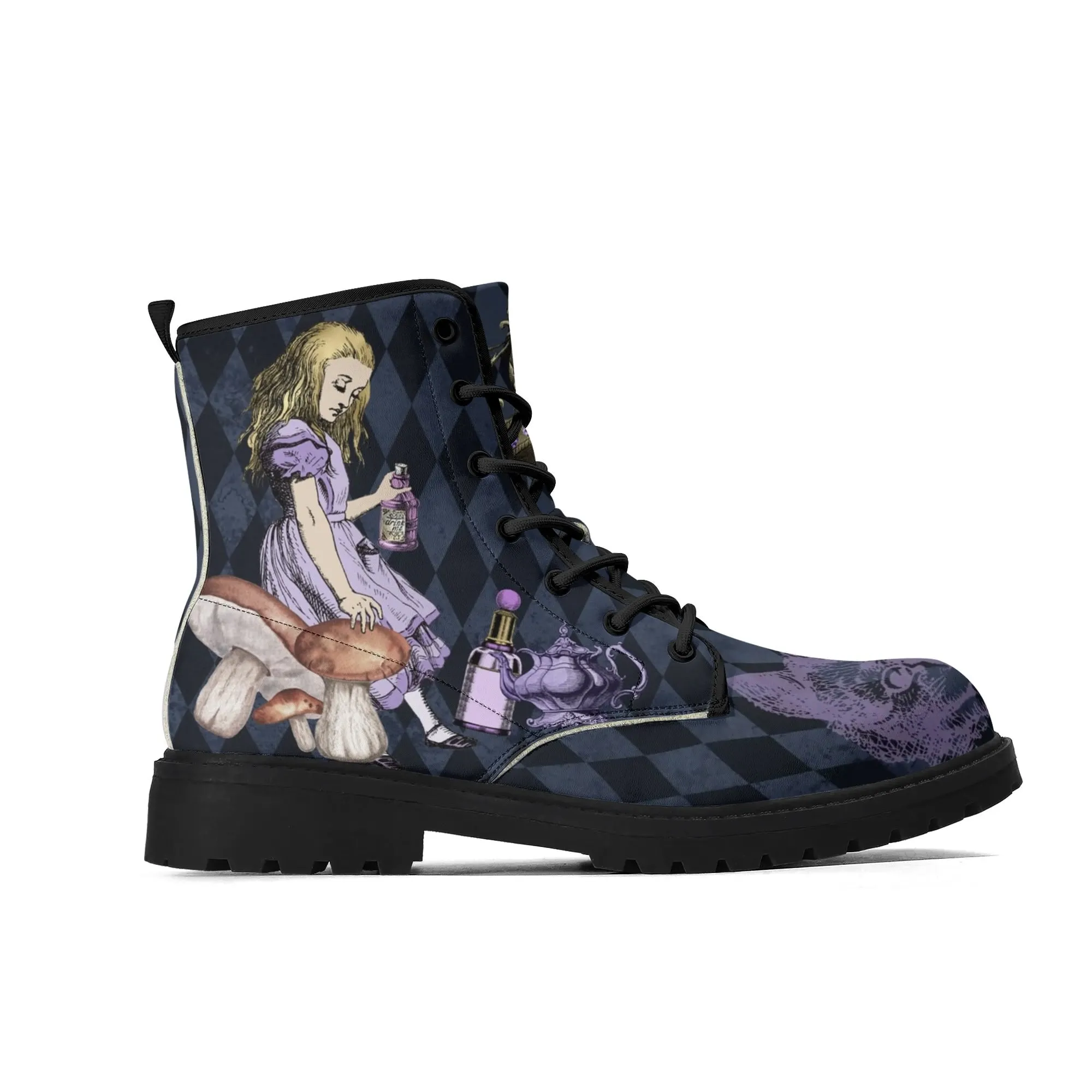 Purple Alice in Wonderland - Playing Cards Attack - Womens Vegan Boots