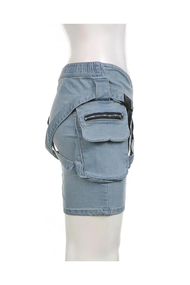 QM0163 Denim Cargo Mini Skirt