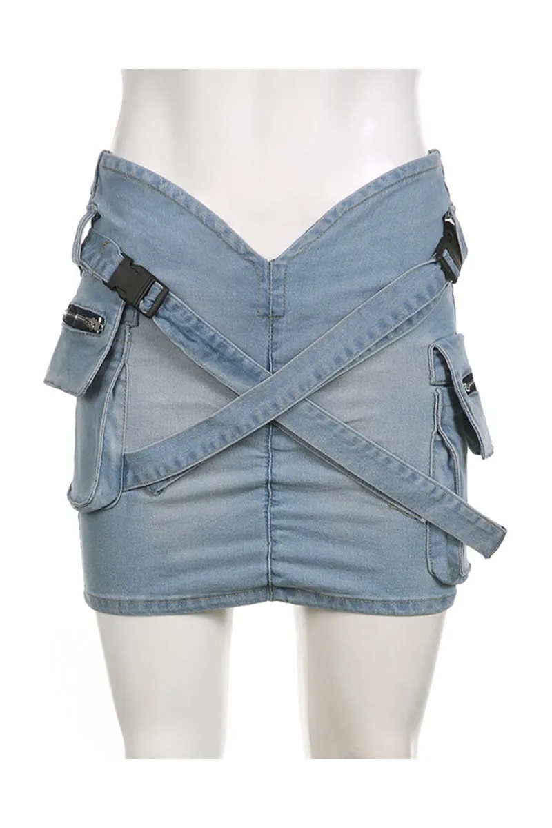 QM0163 Denim Cargo Mini Skirt