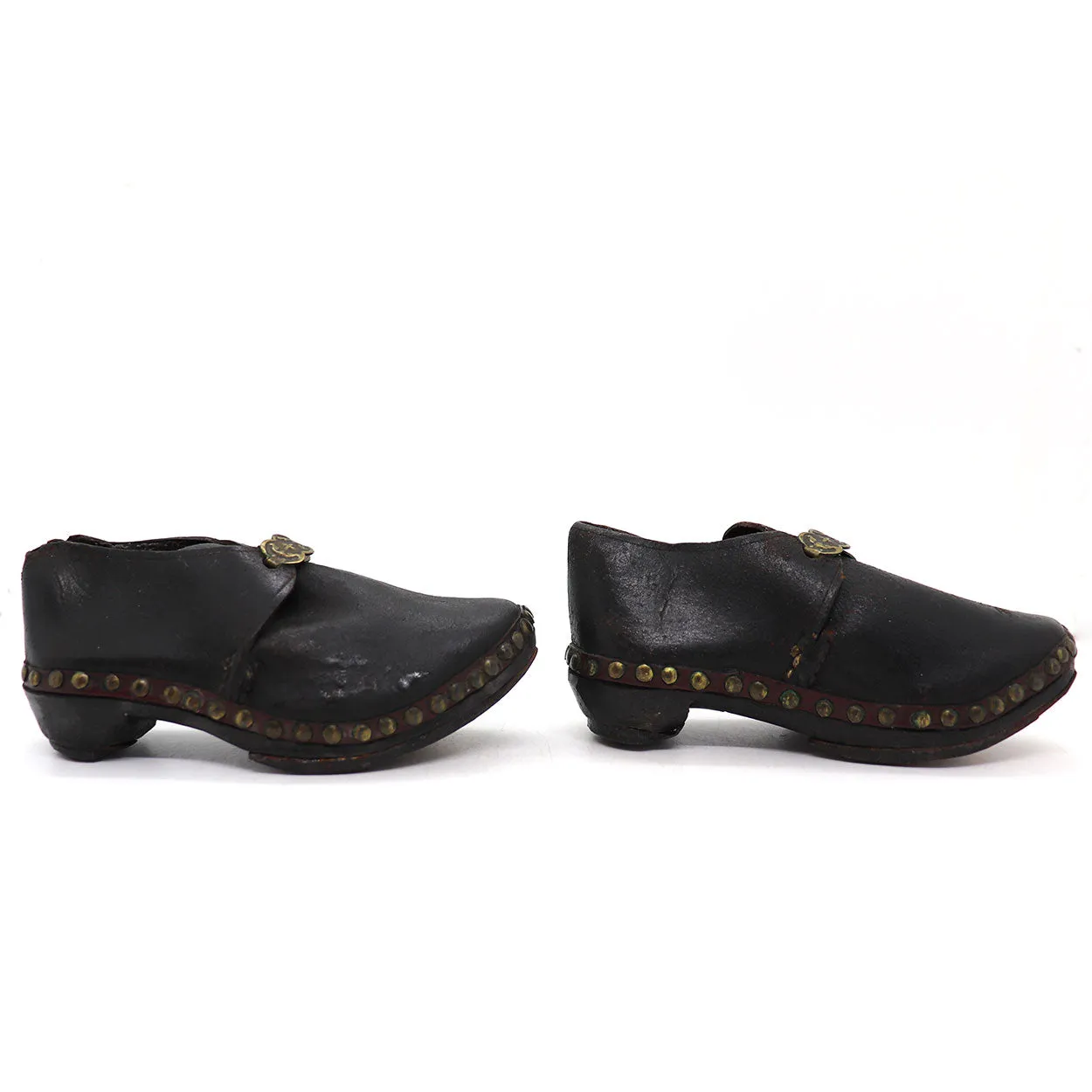 Rare Pair English Lancashire Brass, Leather, Wood Children's Sabot Clog Shoes
