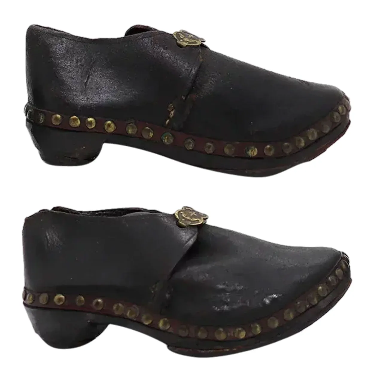 Rare Pair English Lancashire Brass, Leather, Wood Children's Sabot Clog Shoes