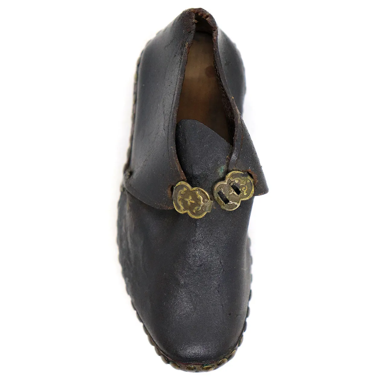 Rare Pair English Lancashire Brass, Leather, Wood Children's Sabot Clog Shoes