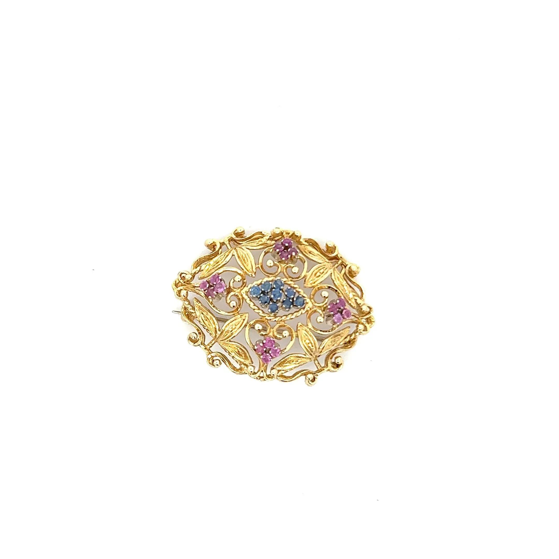 Rare Vintage Sapphire And Ruby Flower Leaf Pin