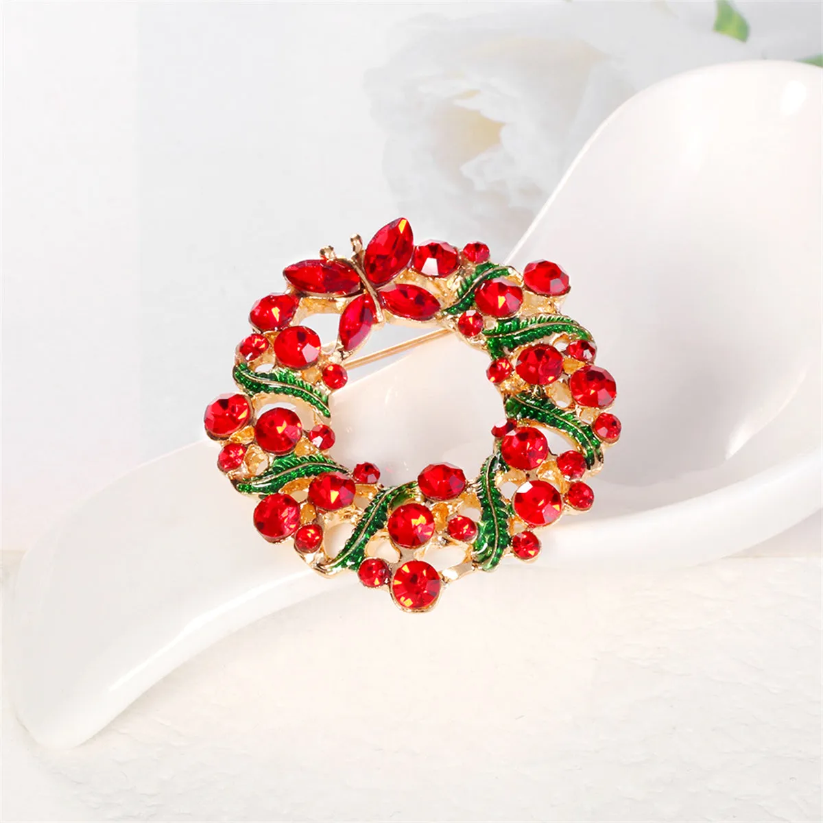 Red Crystal & Green Enamel Butterfly Wreath Brooch