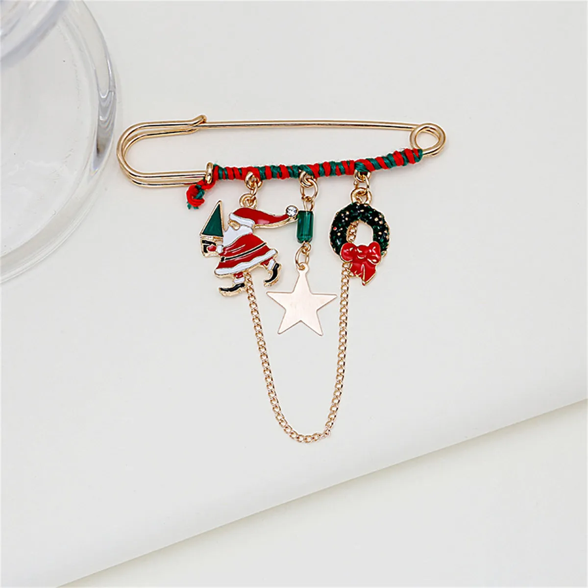 Red Enamel & Acrylic 18K Gold-Plated Santa & Wreath Chain Pin Brooch