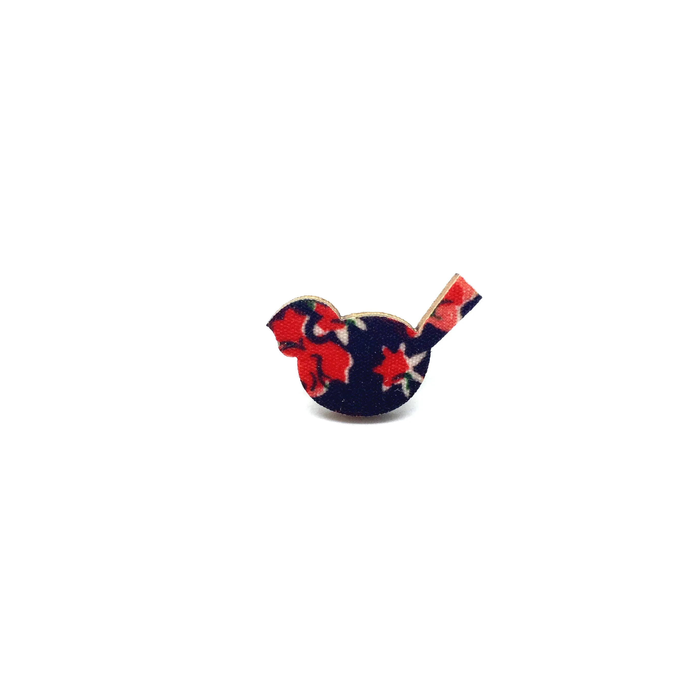 Red Floral Bird Wooden Brooch Pin - LM