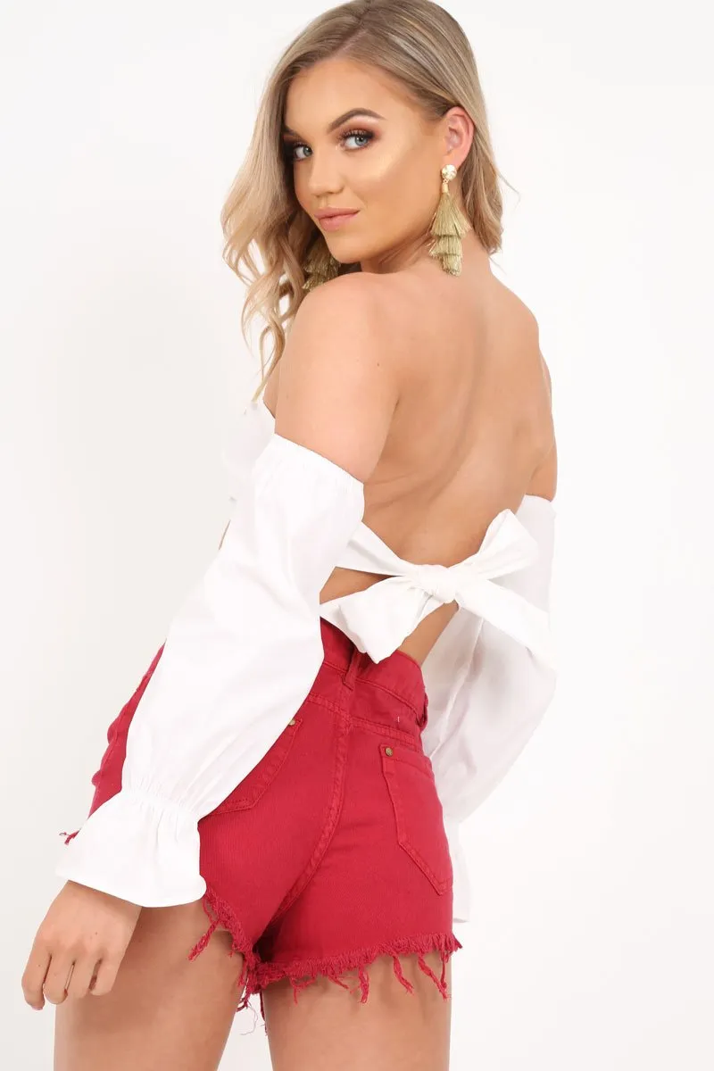 Red Ring Zip Front Distressed Denim Shorts - Kamea