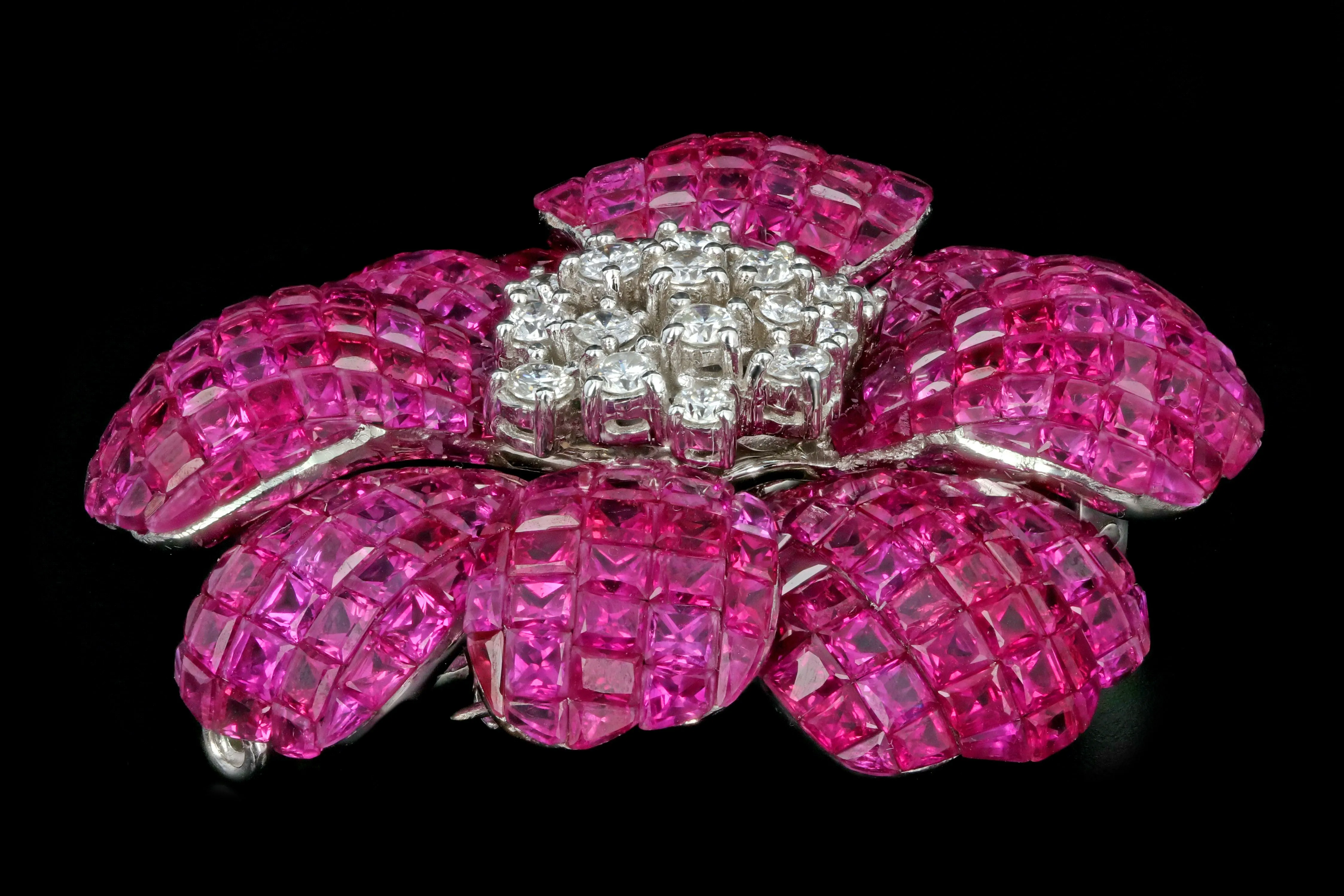 Retro 18K White Gold 25 Carat Ruby and 1 Carat Diamond Flower Brooch