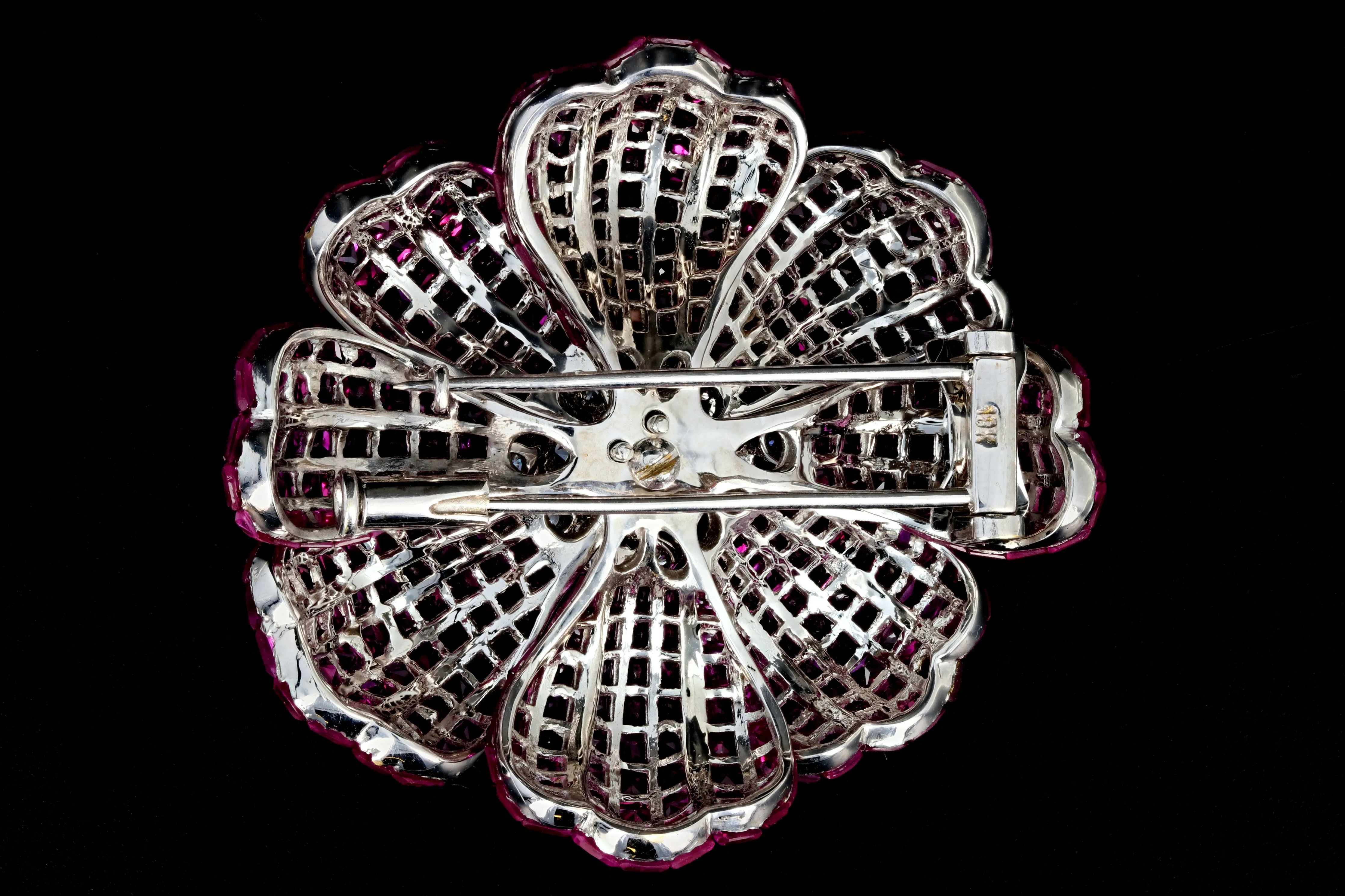 Retro 18K White Gold 25 Carat Ruby and 1 Carat Diamond Flower Brooch