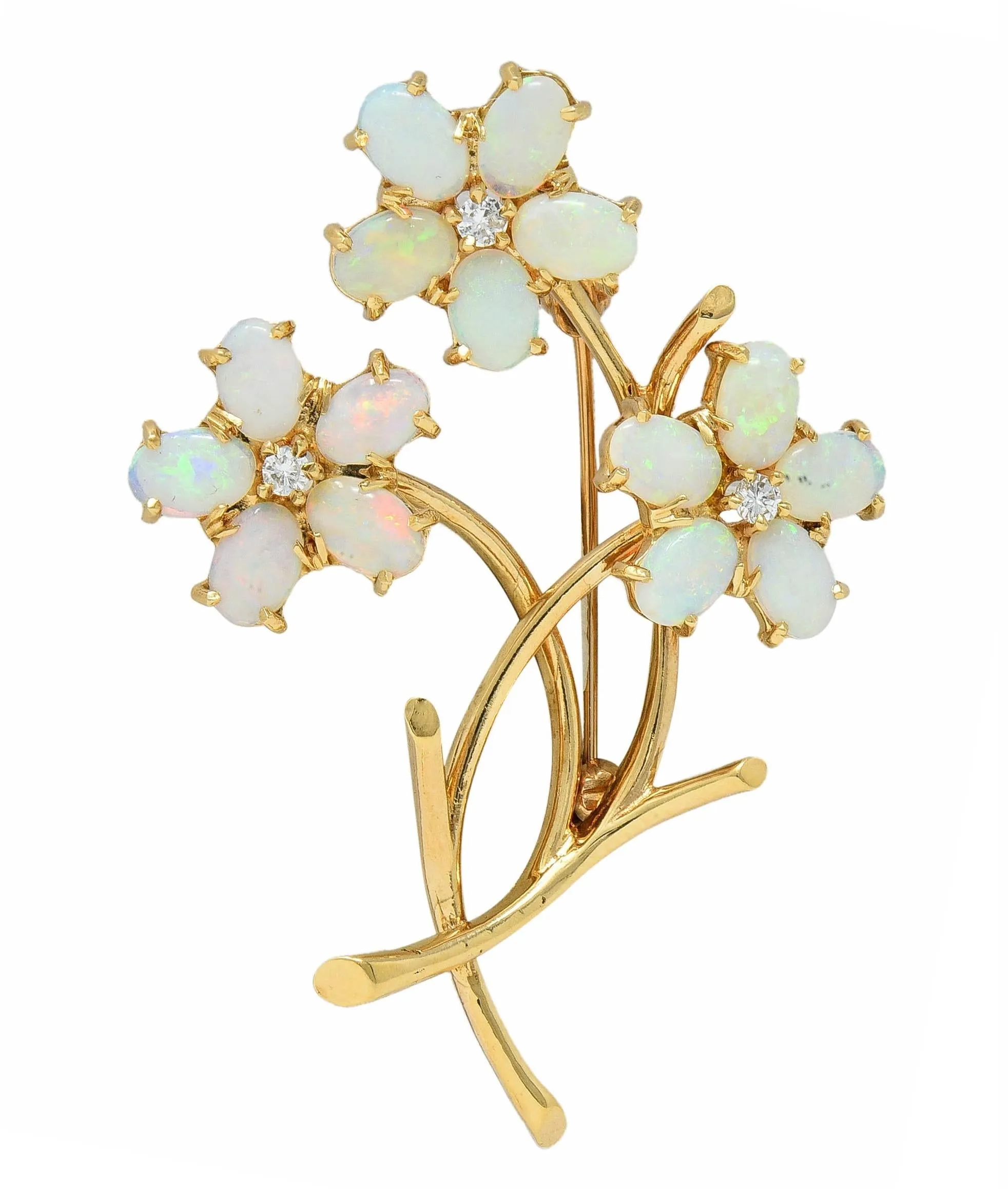Retro Diamond Opal 14 Karat Yellow Gold Vintage Floral Brooch