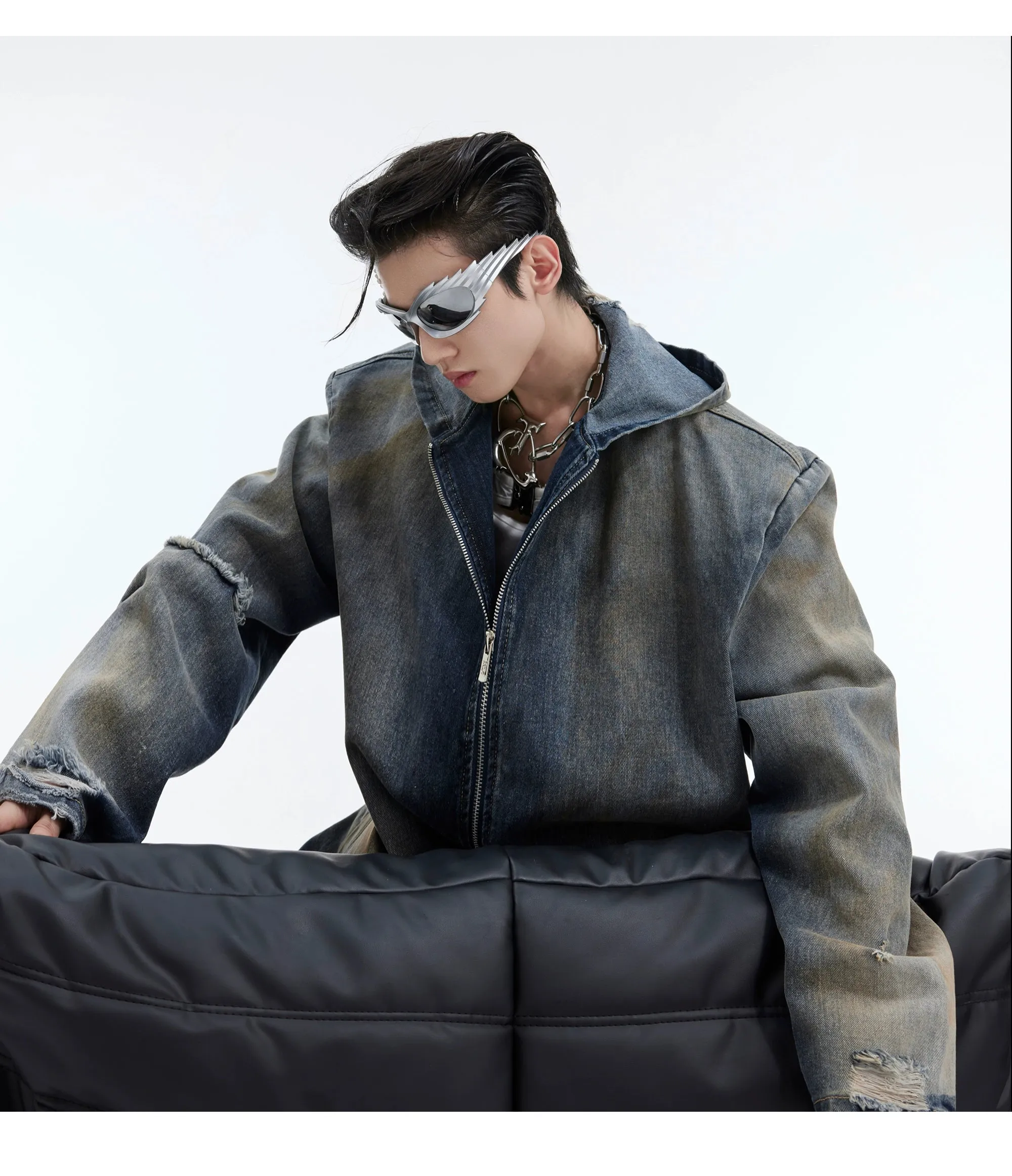 Retro Distressed Hooded Denim Jacket